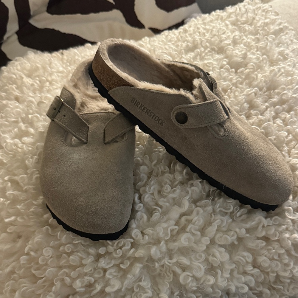 Birkenstock Fur Suede Slip-On Clogs in Light Beige